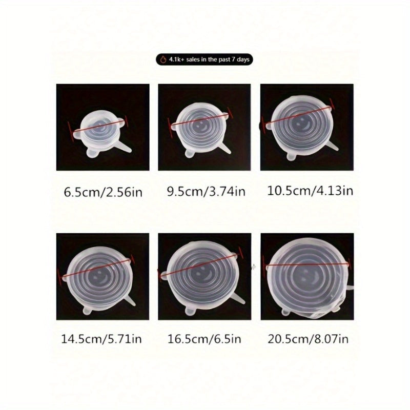 6 ta silikon cho'ziladigan qopqoq to'plami - idishlar va plastinkalar uchun mustahkam, toksik bo'lmagan qopqoq, uy va tijorat oshxonalariga ideal.