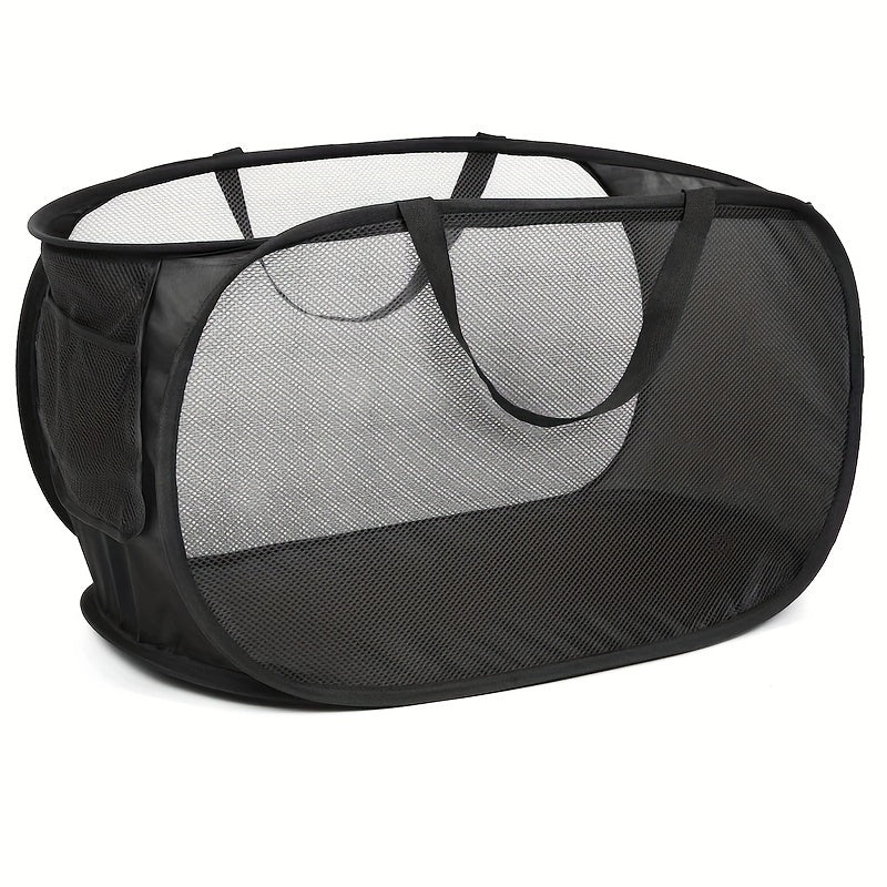 Cesta de ropa plegable de malla con bolsillo lateral para almacenamiento de ropa plegable