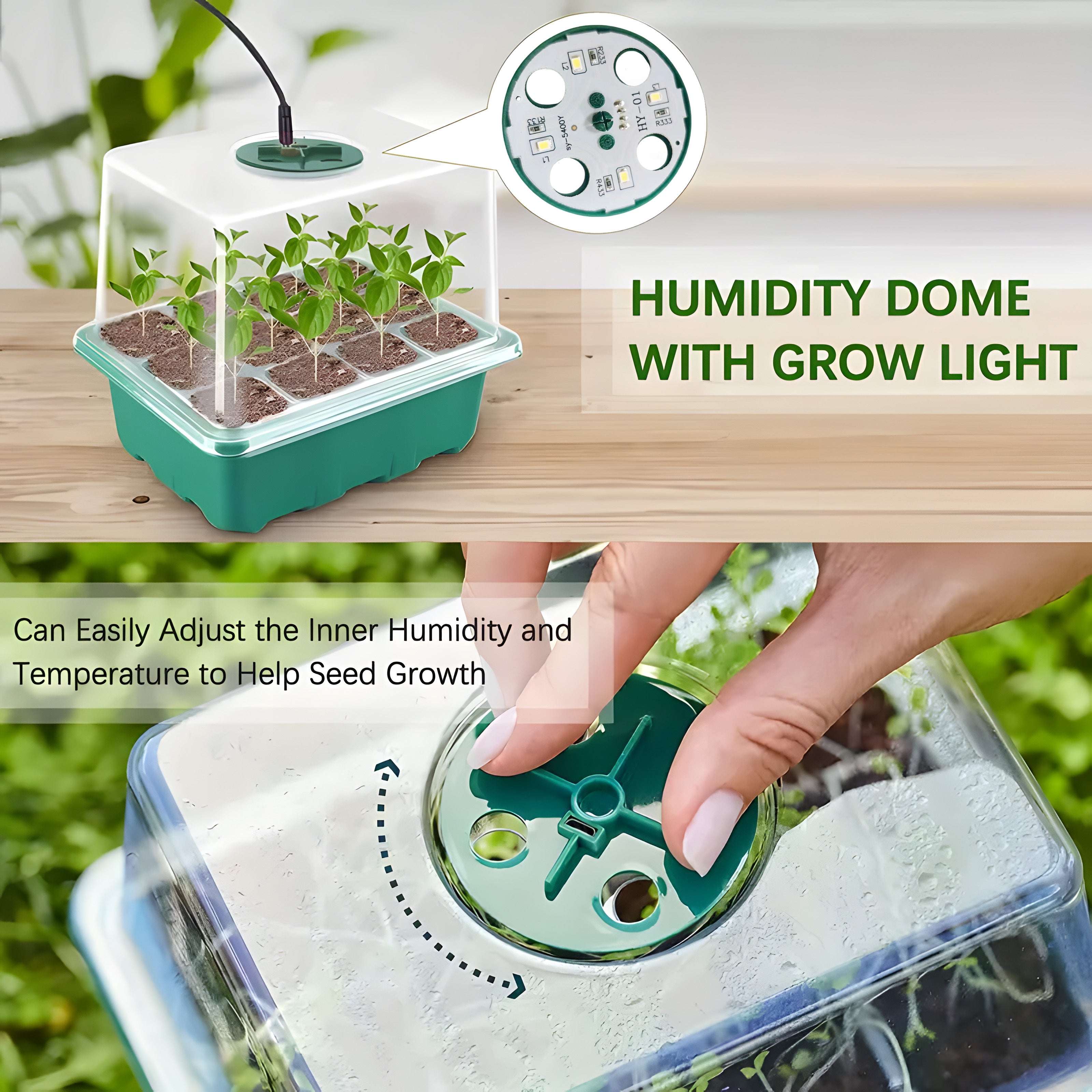 Rustic Seed Starter Kit with Adjustable Humidity USB Grow Light 12-Cell Propagator