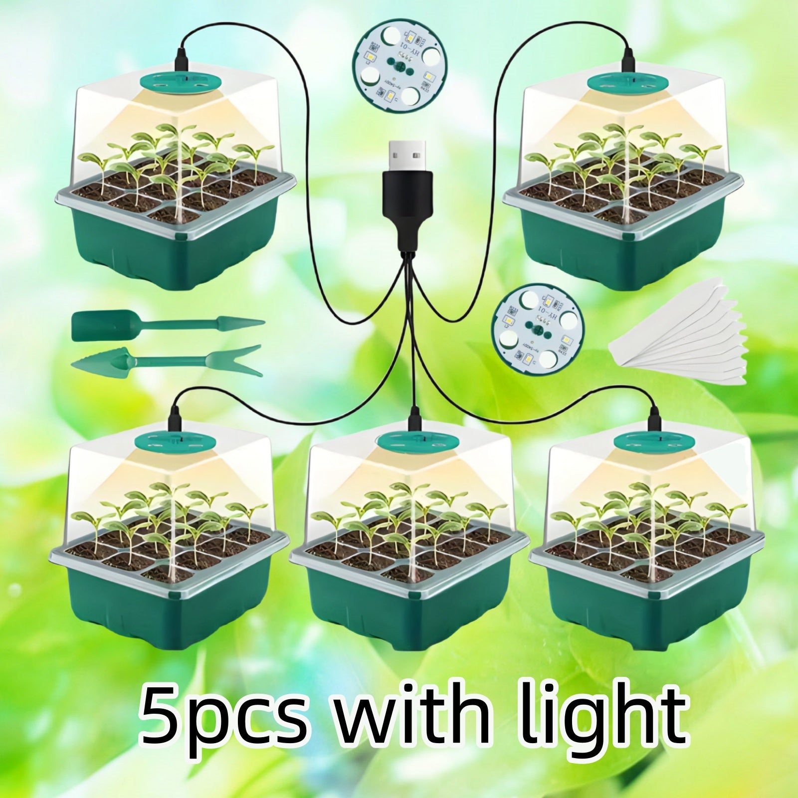 Rustic Seed Starter Kit with Adjustable Humidity USB Grow Light 12-Cell Propagator