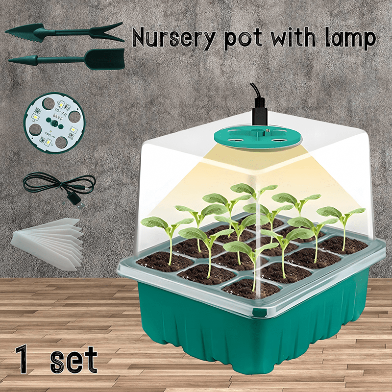 Rustic Seed Starter Kit with Adjustable Humidity USB Grow Light 12-Cell Propagator