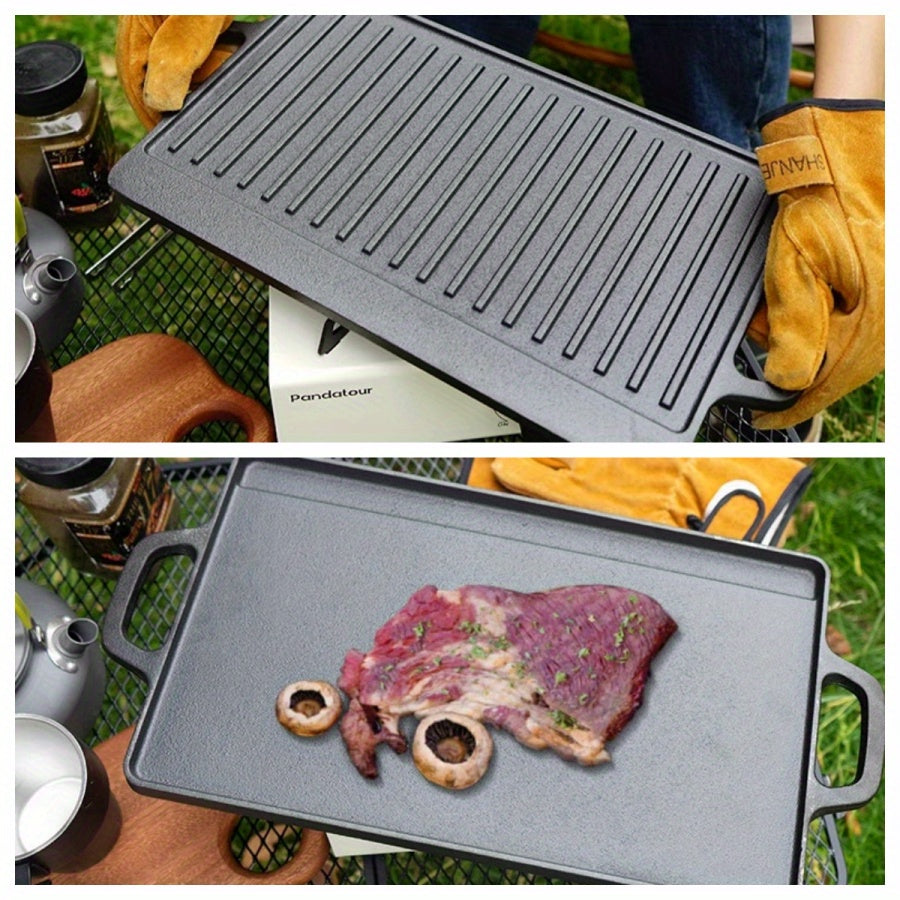 Katta to'rtburchakli yopishqoq bo'lmagan quyma temir idishlar, tutqichlari bilan, qaytariladigan oldindan tayyorlangan gril va qovurish kombinatsiyasi bilan, pishirish va pishirish uchun mukammal.