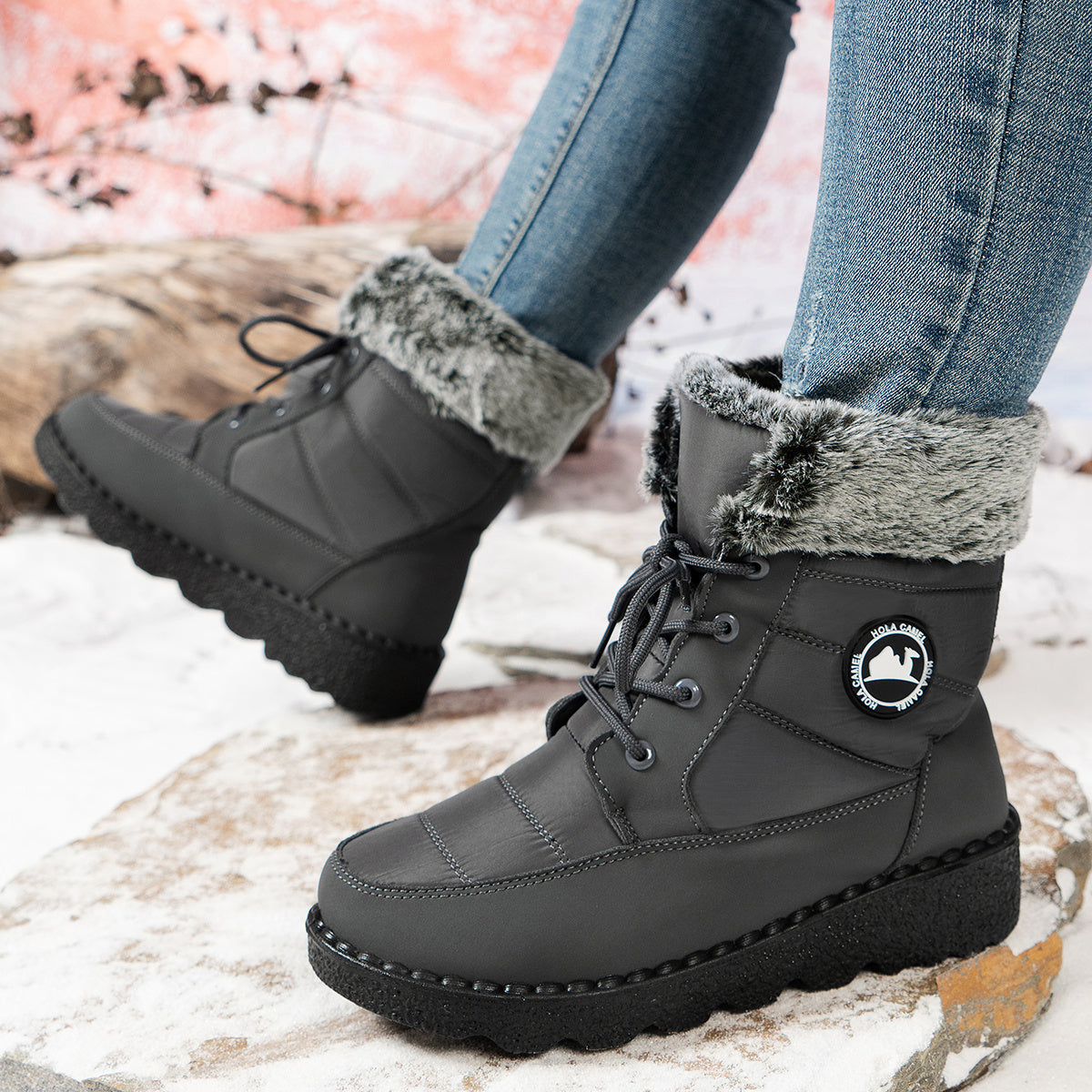 Женские зимние утеплённые ботинки на щиколотке с противоскользящей подошвой из PU, бордовый красный