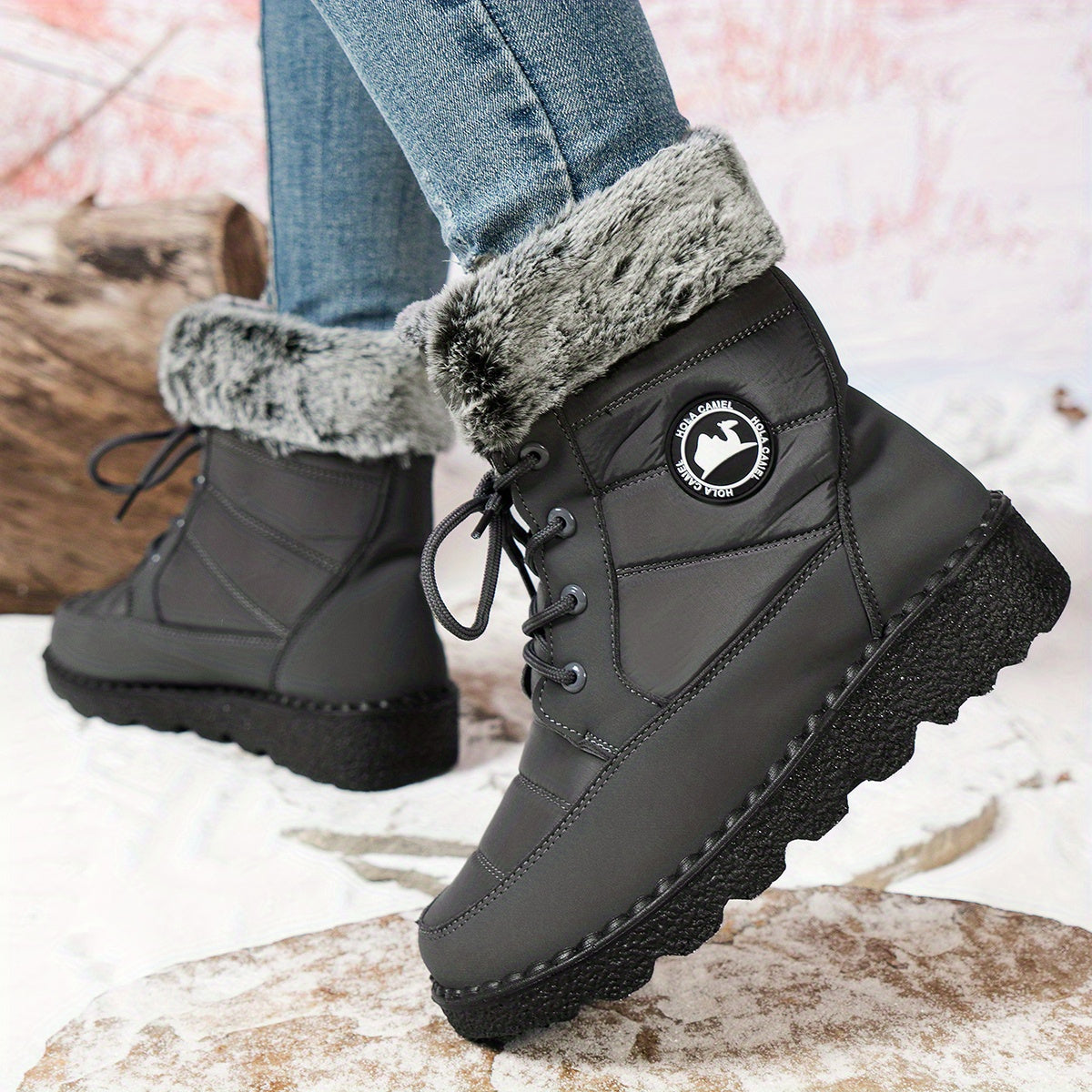 Женские зимние утеплённые ботинки на щиколотке с противоскользящей подошвой из PU, бордовый красный