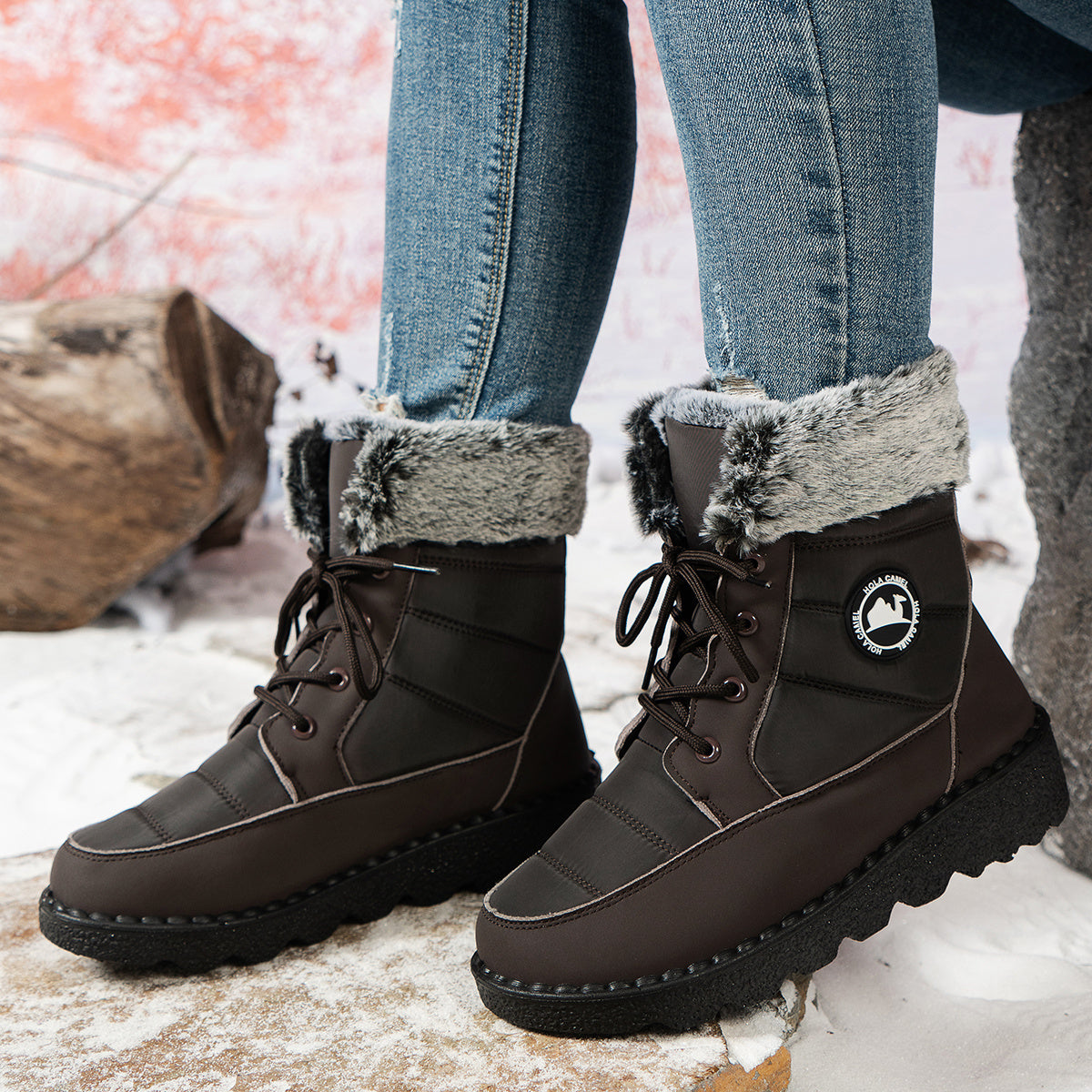 Женские зимние утеплённые ботинки на щиколотке с противоскользящей подошвой из PU, бордовый красный