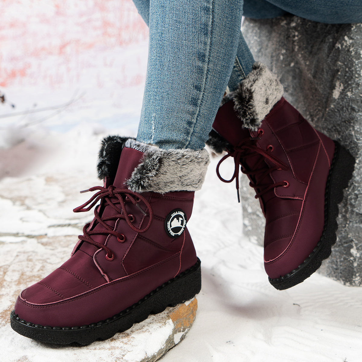 Women's Winter Insulated Ankle Boots with Non-Slip PU Sole Burgundy Red