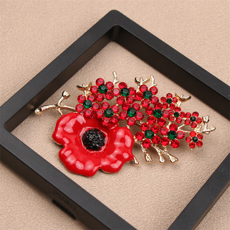 Rhinestone Flower Brooch Pin Irregular Red Green Festive Jewelry for Women