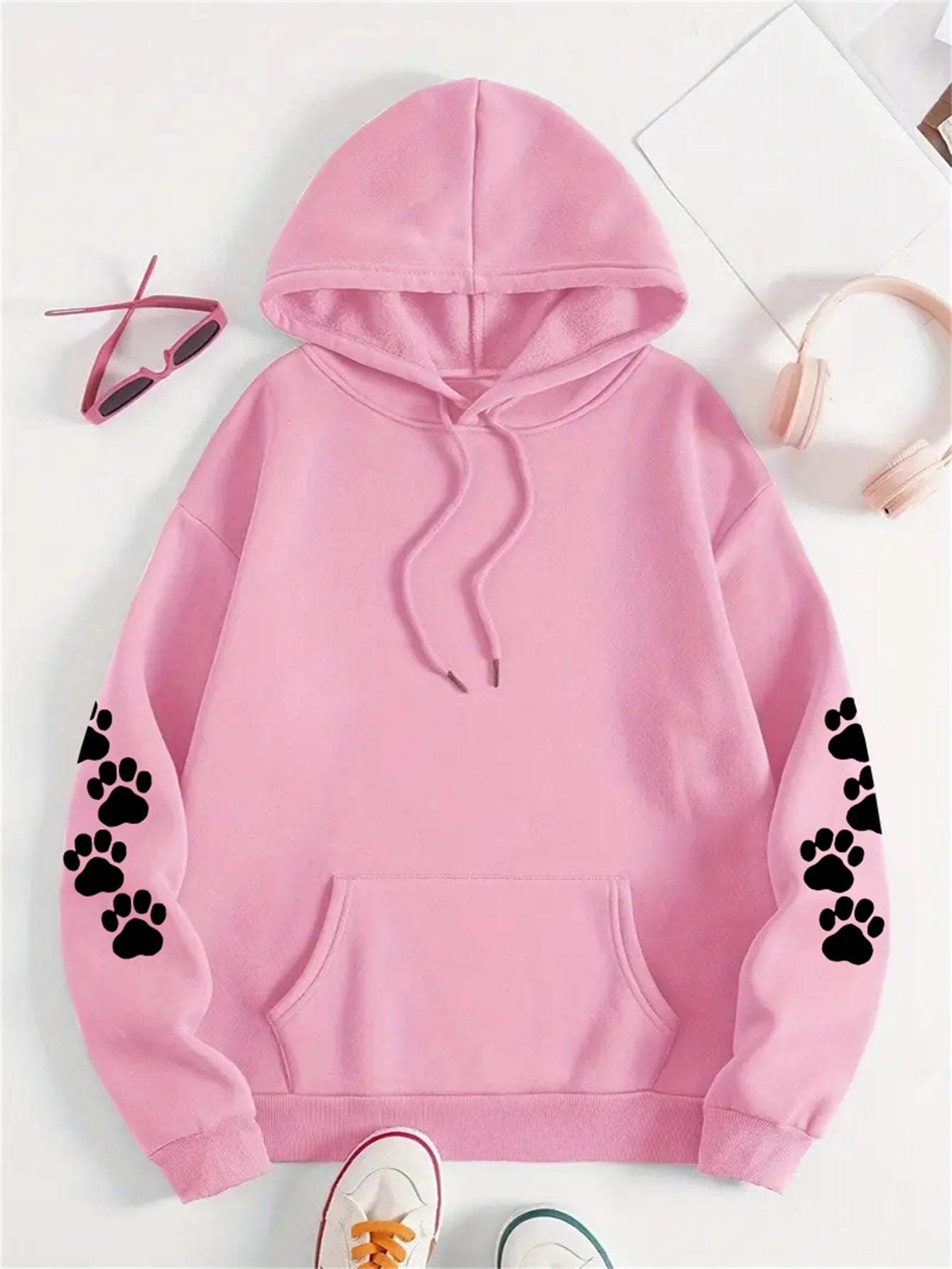 Plus Size Dog Print Hoodie Women Cotton Casual Drawstring Sweatshirt