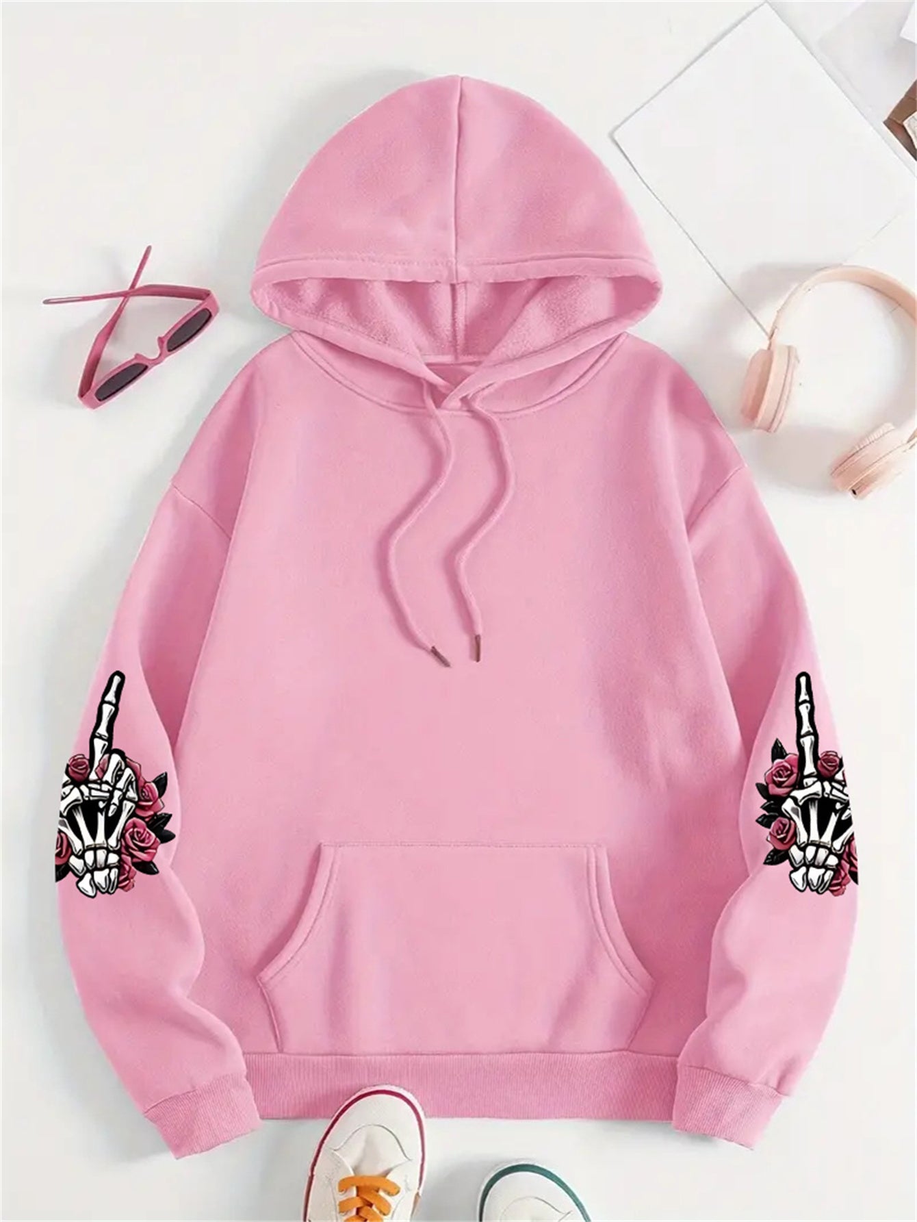 Plus Size Skull Print Drawstring Hoodie Casual Long Sleeve Fall Winter Women's Clothing