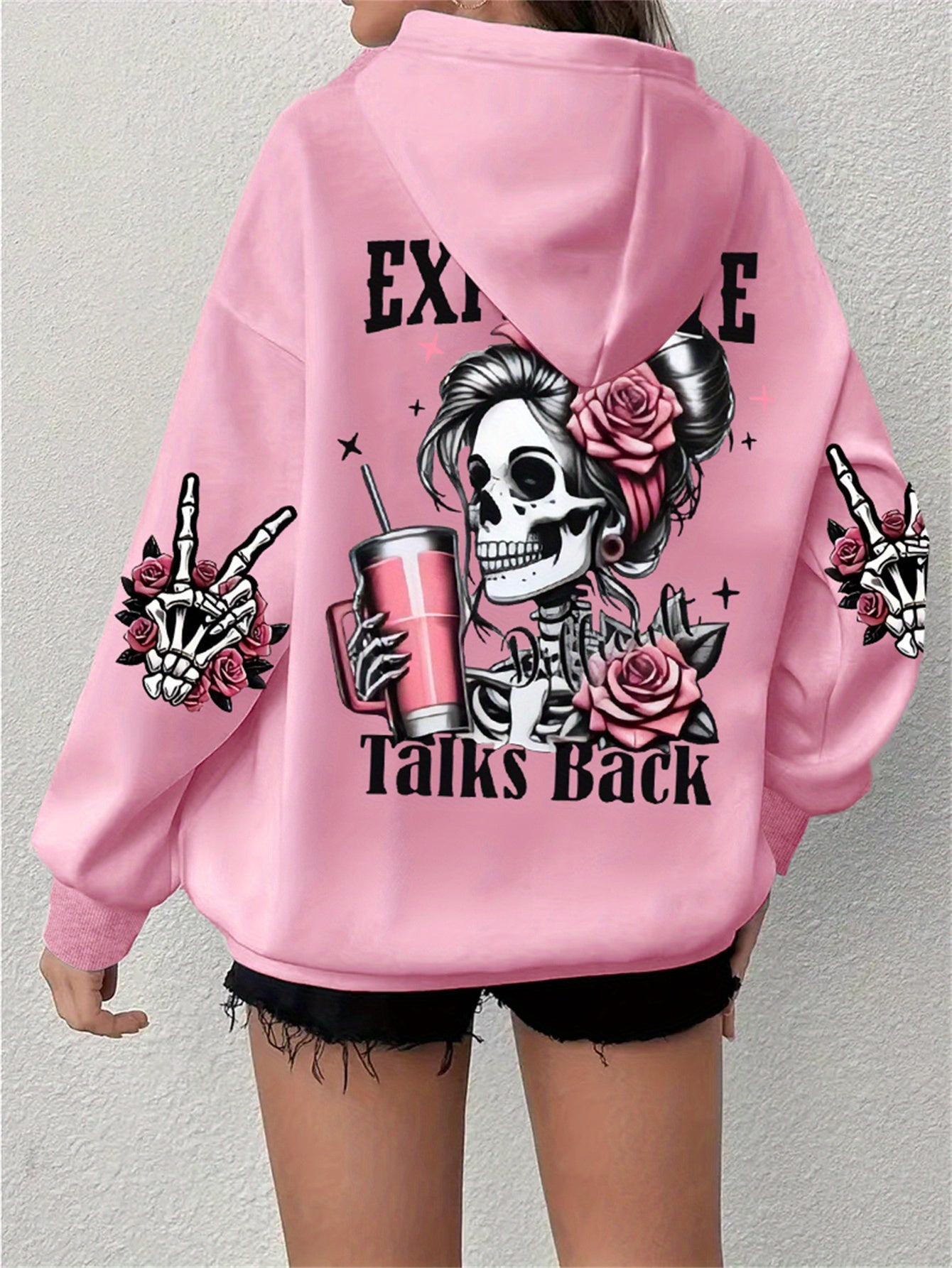 Plus Size Skull Print Drawstring Hoodie Casual Long Sleeve Fall Winter Women's Clothing