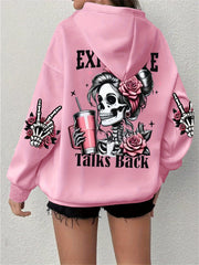 Plus Size Skull Print Drawstring Hoodie Casual Long Sleeve Fall Winter Women's Clothing