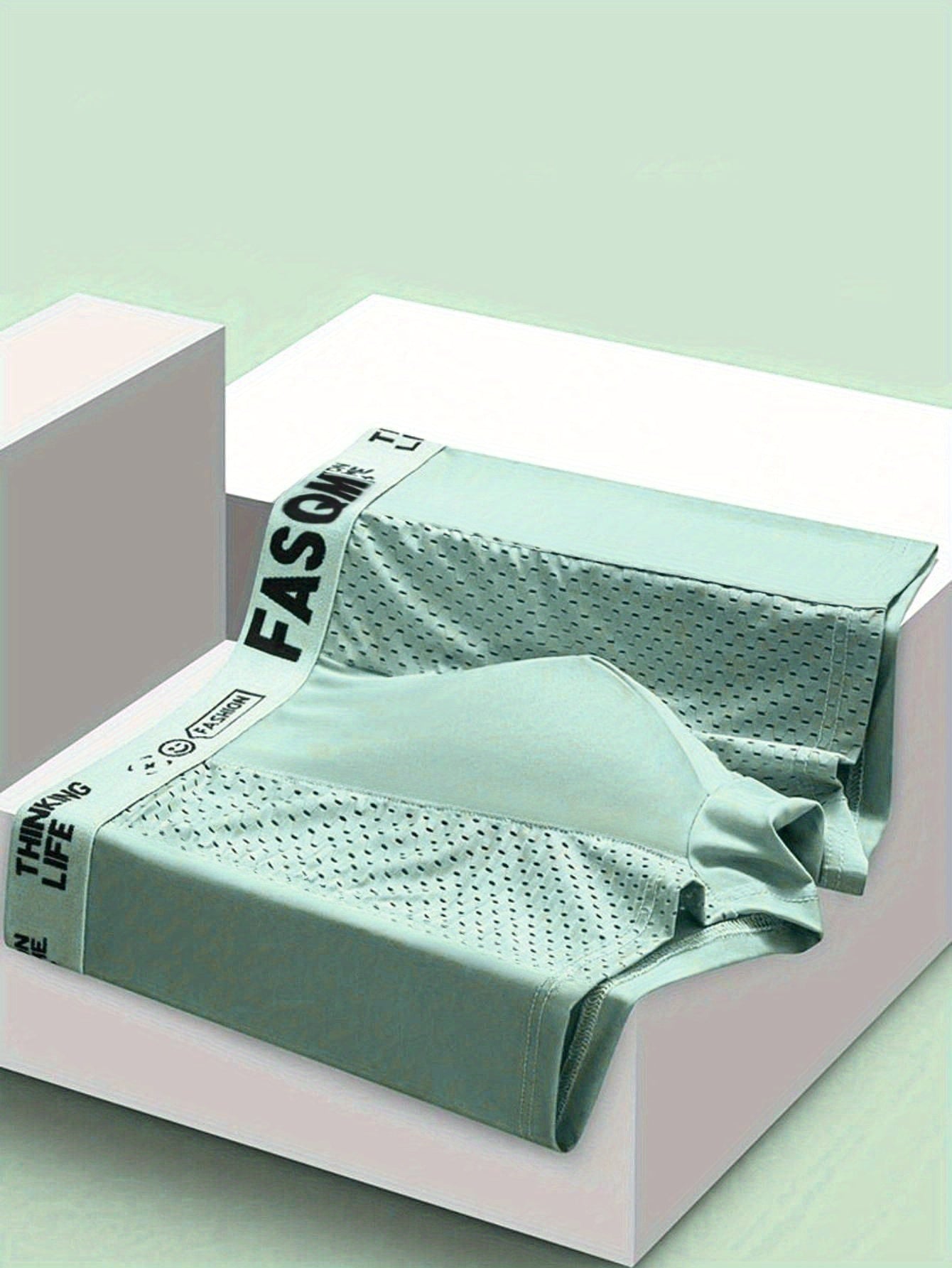 Men's Breathable Mesh Patch Boxer Briefs in Solid Colors with Contrast Waistband and Letter Print