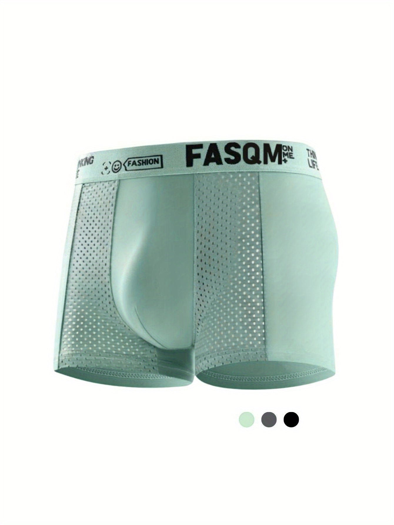 Men's Breathable Mesh Patch Boxer Briefs in Solid Colors with Contrast Waistband and Letter Print