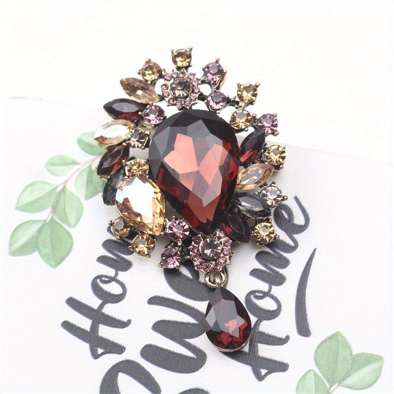 Floral Rhinestone Brooch Pin with Enamel and Cutout Pattern for Women