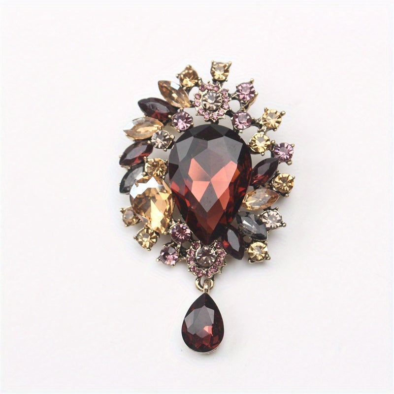 Floral Rhinestone Brooch Pin with Enamel and Cutout Pattern for Women