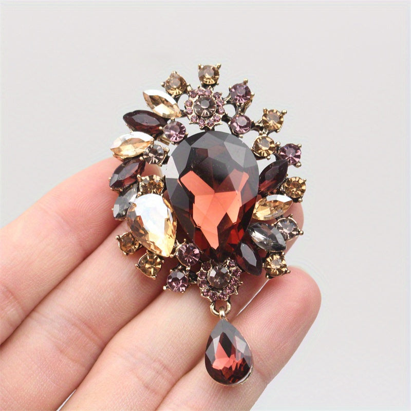 Floral Rhinestone Brooch Pin with Enamel and Cutout Pattern for Women