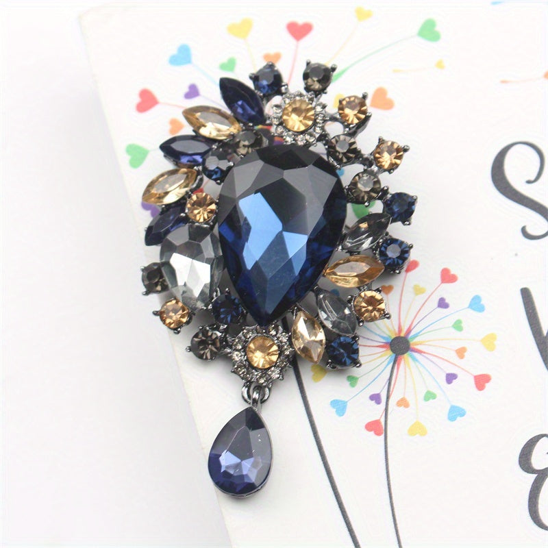 Floral Rhinestone Brooch Pin with Enamel and Cutout Pattern for Women