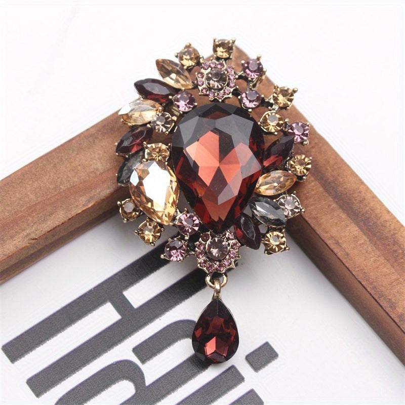 Floral Rhinestone Brooch Pin with Enamel and Cutout Pattern for Women