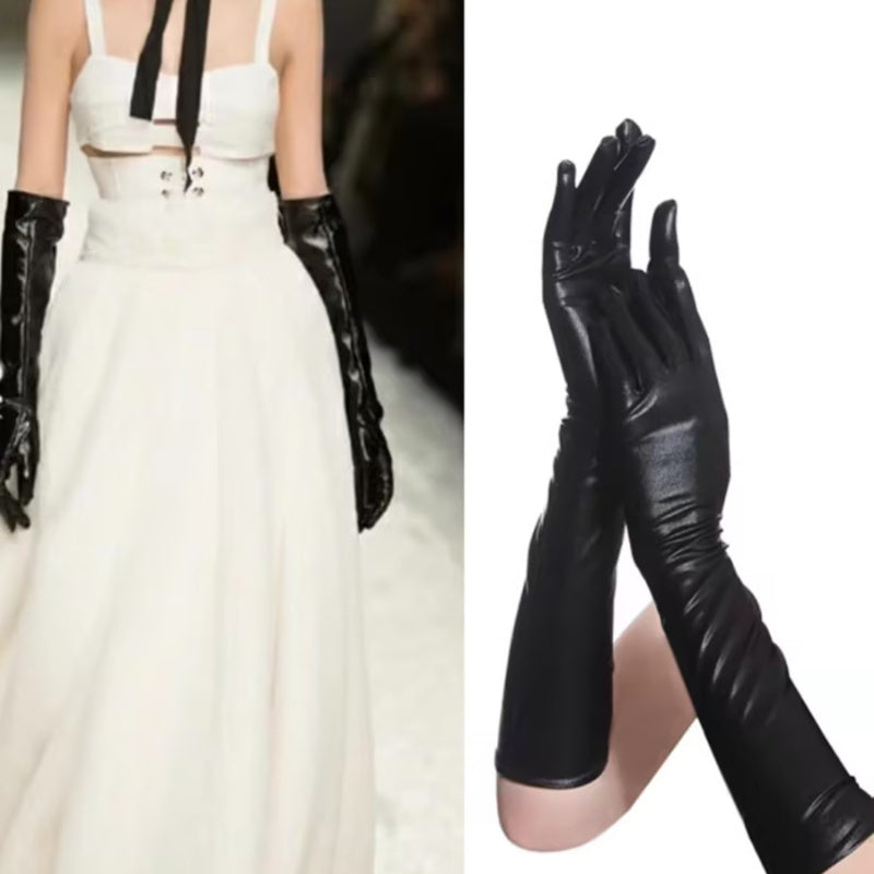 Ayollar uchun uzun faux charm PU qo‘lqoplar, to‘y, kelinning yordamchilari va rasmiy tadbirlar uchun