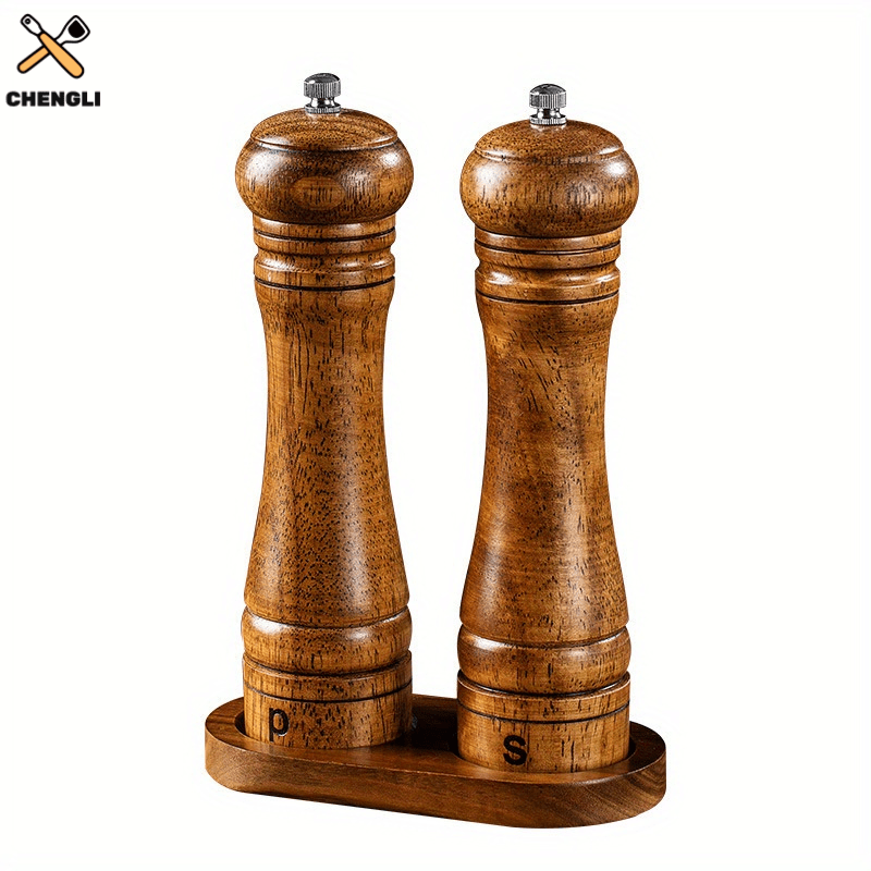 Wooden Pepper and Sea Salt Grinder Set, Refillable Spice Mill for BBQs and Camping