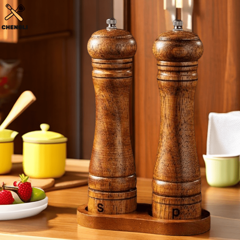 Wooden Pepper and Sea Salt Grinder Set, Refillable Spice Mill for BBQs and Camping