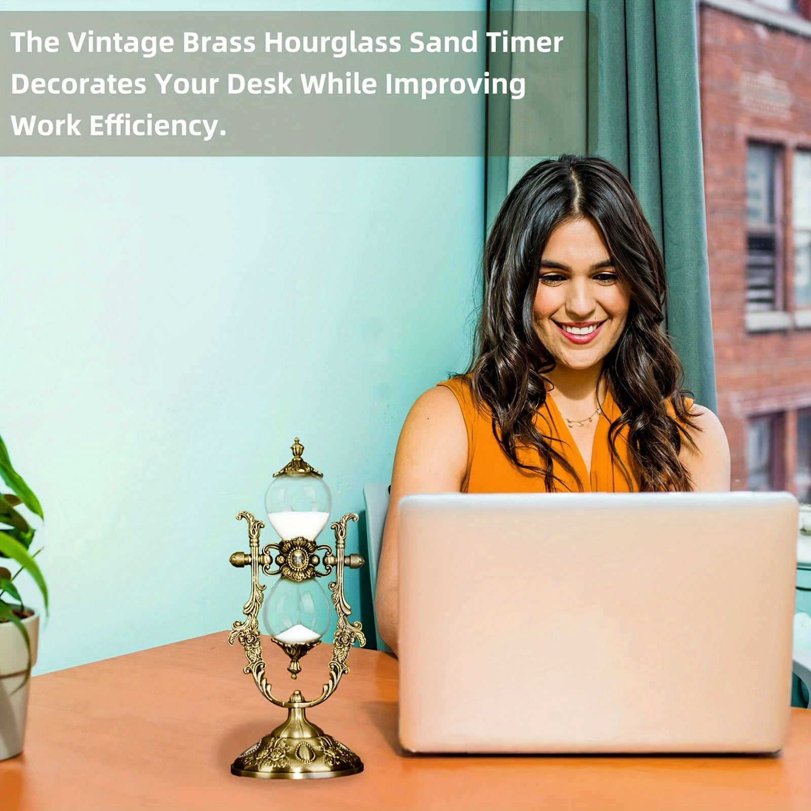 Antique Brass Sand Timer with Engraved Design, 360° Rotating Metal Clock, White Sand