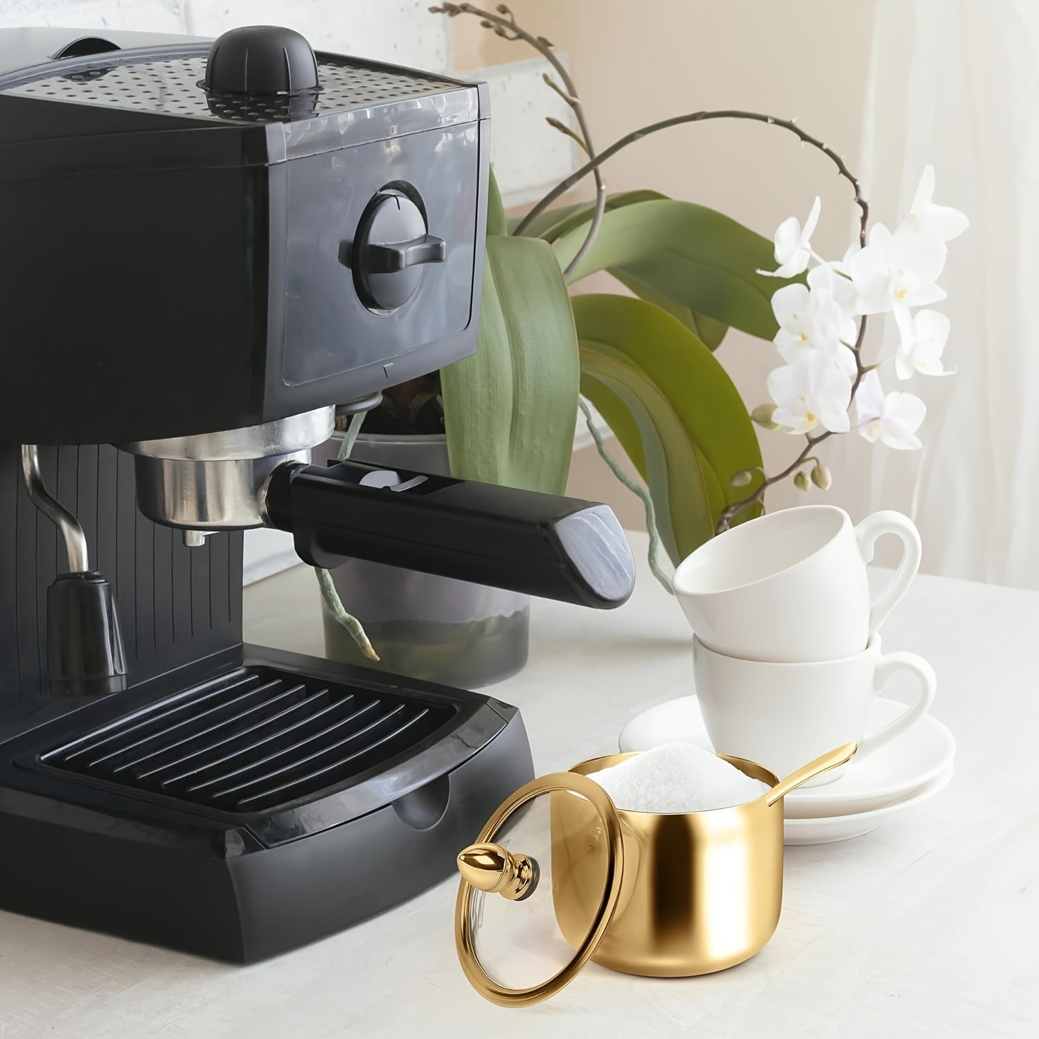 Golden Stainless Steel Sugar Bowl with Glass Lid and Spoon Dishwasher Safe Kitchen Storage