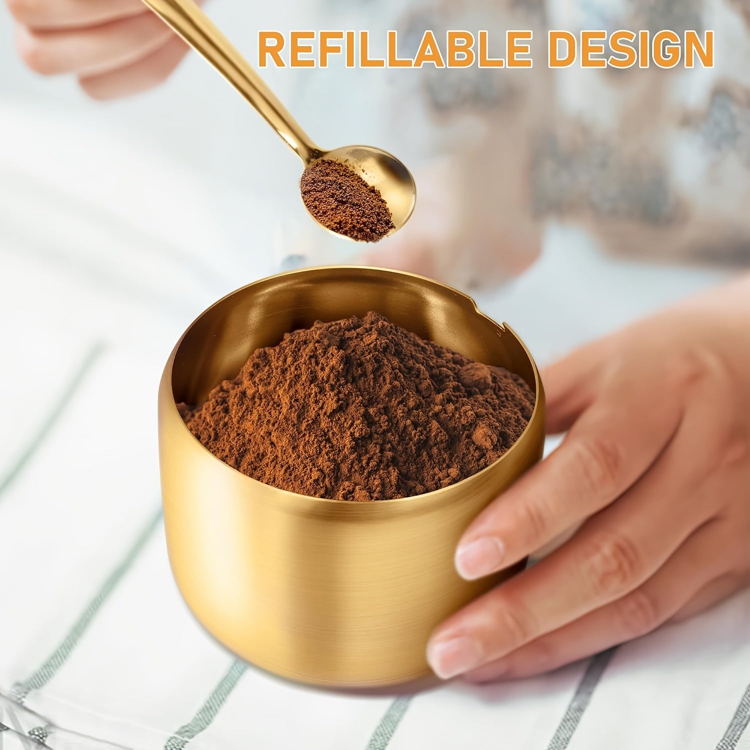 Golden Stainless Steel Sugar Bowl with Glass Lid and Spoon Dishwasher Safe Kitchen Storage