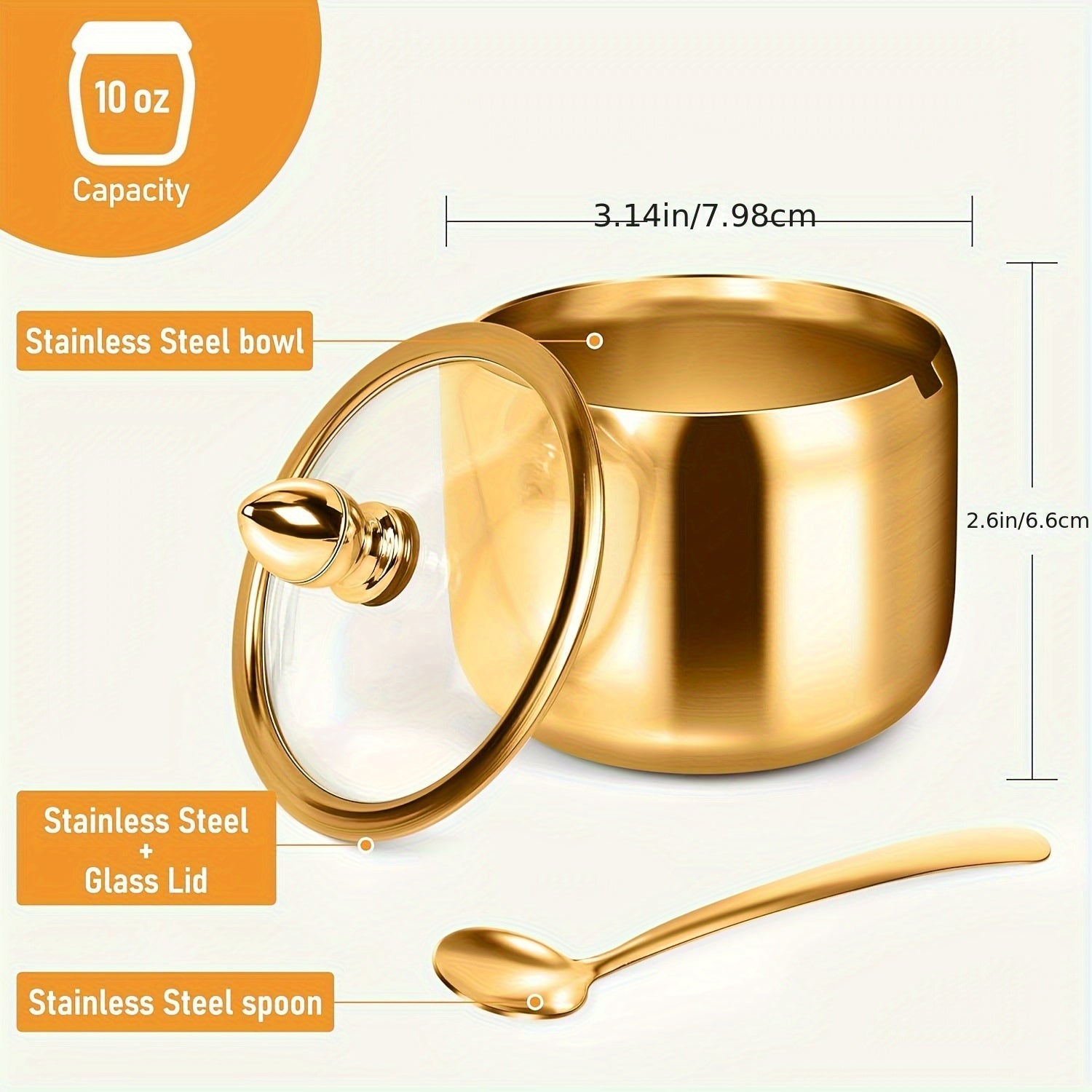 Golden Stainless Steel Sugar Bowl with Glass Lid and Spoon Dishwasher Safe Kitchen Storage