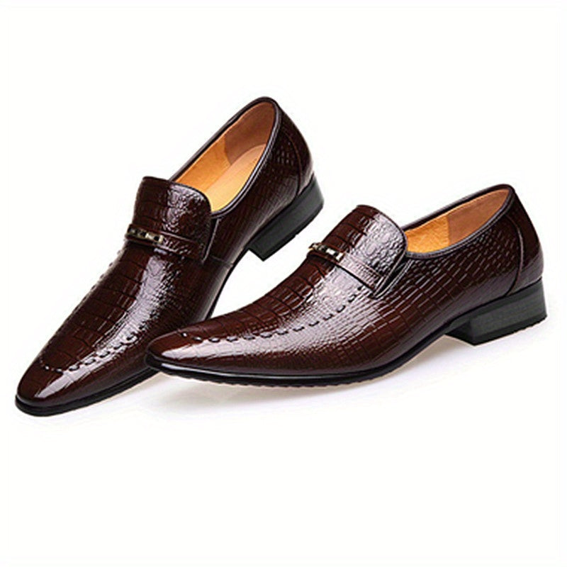 Men's Brown Crocodile Textured Leather Loafers Slip-On Dress Shoes for Business Office and Formal Events