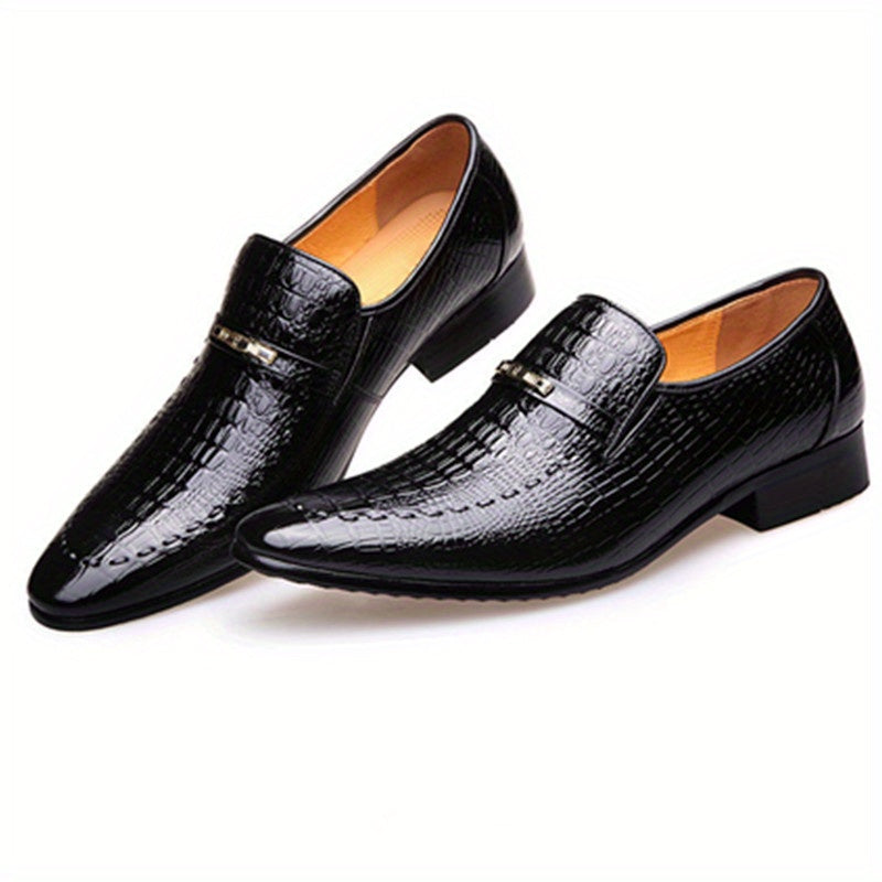 Men's Brown Crocodile Textured Leather Loafers Slip-On Dress Shoes for Business Office and Formal Events