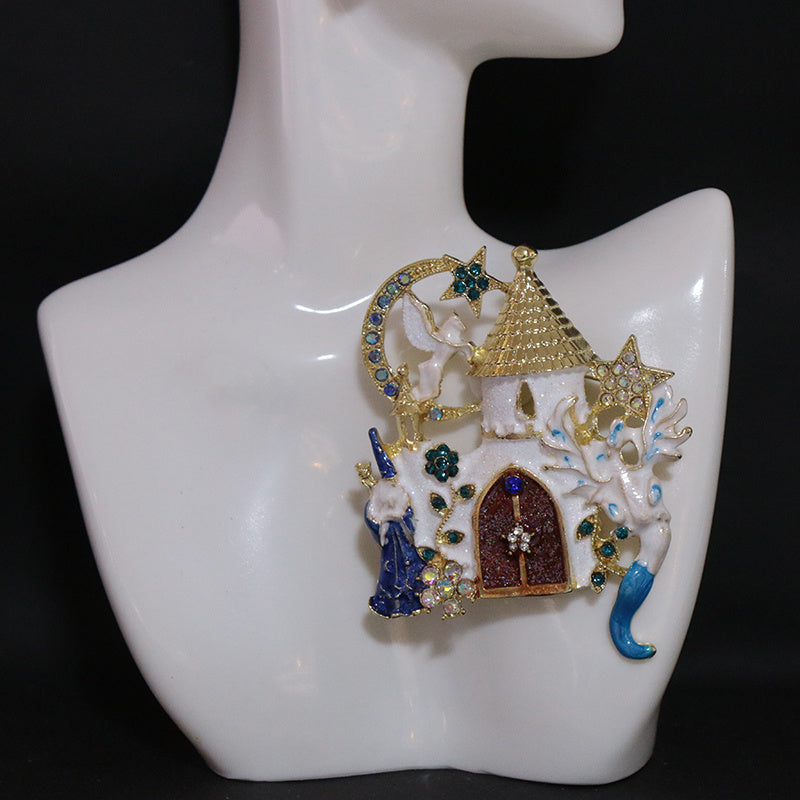 Enamel Castle Brooch with Star Moon and Flying Horse Rhinestone Accent for Women