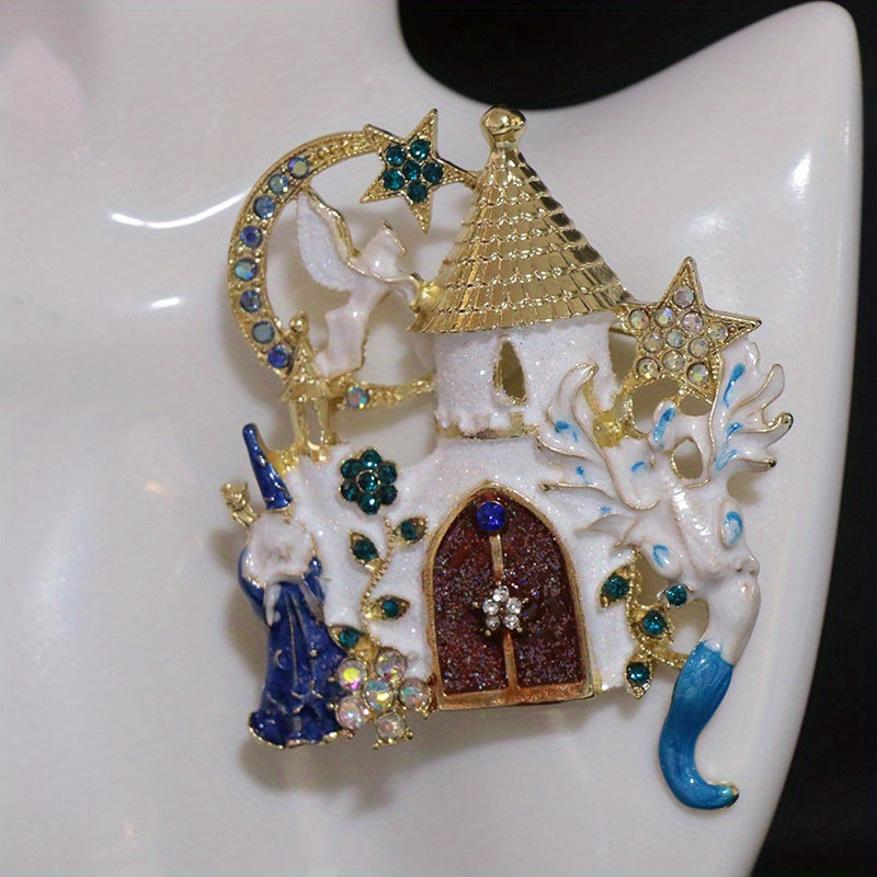 Enamel Castle Brooch with Star Moon and Flying Horse Rhinestone Accent for Women