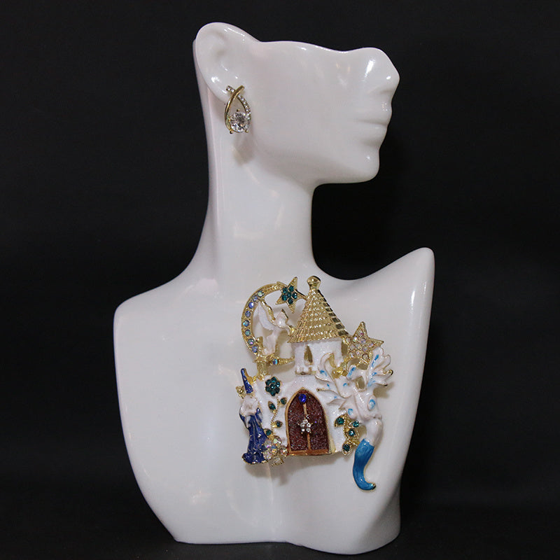 Enamel Castle Brooch with Star Moon and Flying Horse Rhinestone Accent for Women