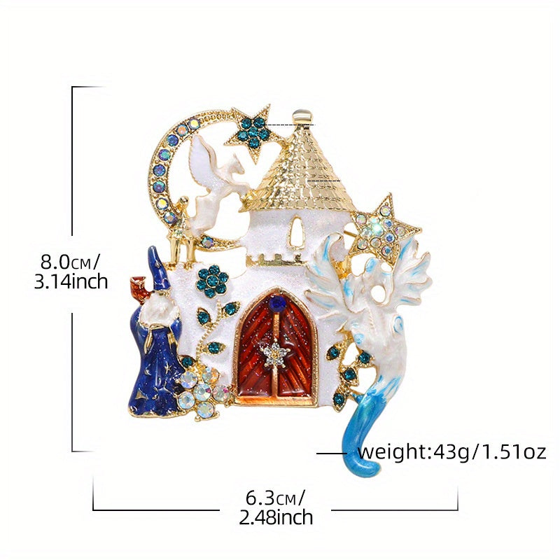 Enamel Castle Brooch with Star Moon and Flying Horse Rhinestone Accent for Women