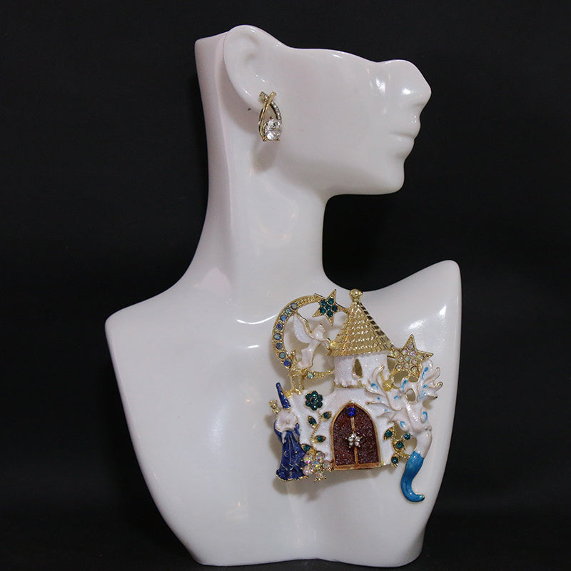 Enamel Castle Brooch with Star Moon and Flying Horse Rhinestone Accent for Women