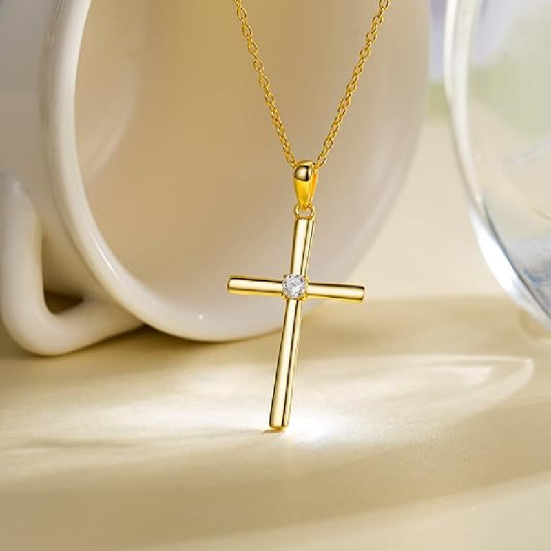 Sterling Silver Moissanite Cross Pendant Necklace 0.3 Carat 18K Gold Plated