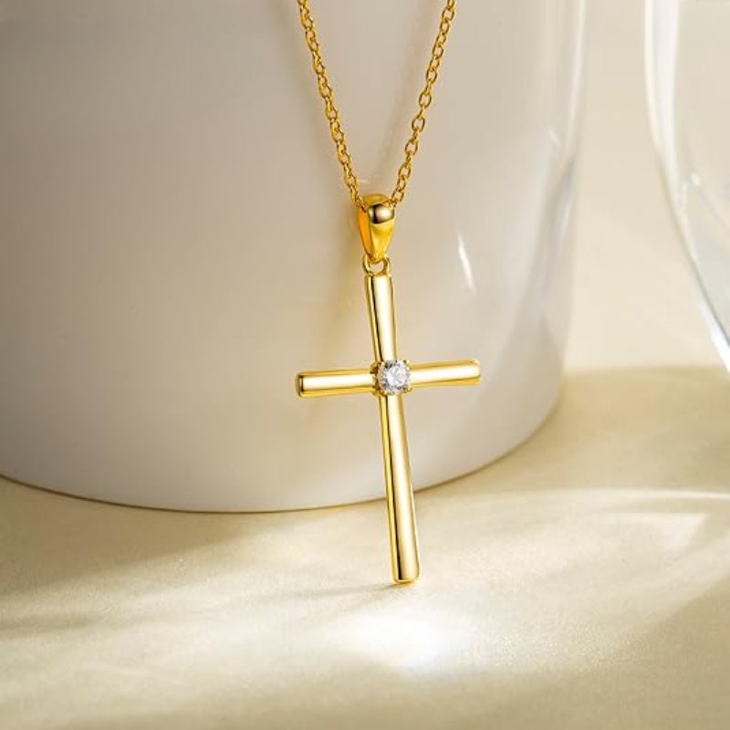 Sterling Silver Moissanite Cross Pendant Necklace 0.3 Carat 18K Gold Plated