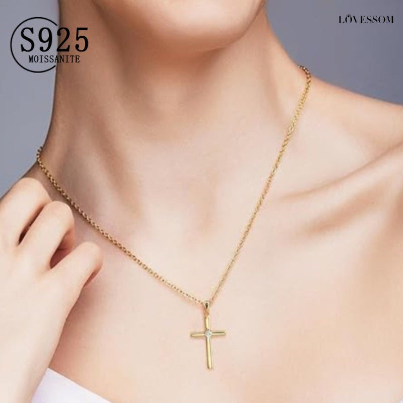 Sterling Silver Moissanite Cross Pendant Necklace 0.3 Carat 18K Gold Plated