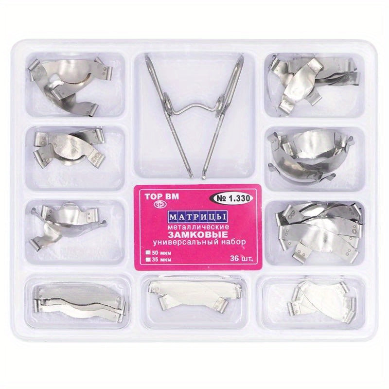 36 Pieces Dental Saddle Contoured Metal Matrices with Spring Clips for Dentistry Lab