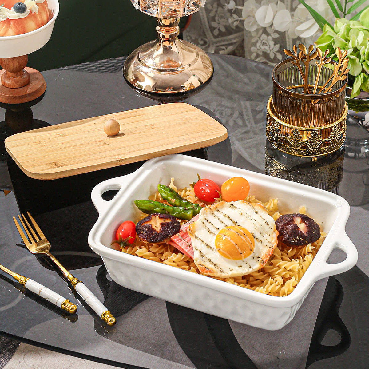 Rectangular Ceramic Casserole Dish with Lid for Baking and Serving