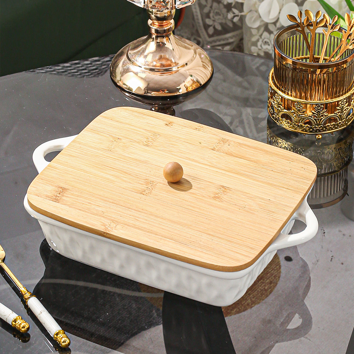 Rectangular Ceramic Casserole Dish with Lid for Baking and Serving