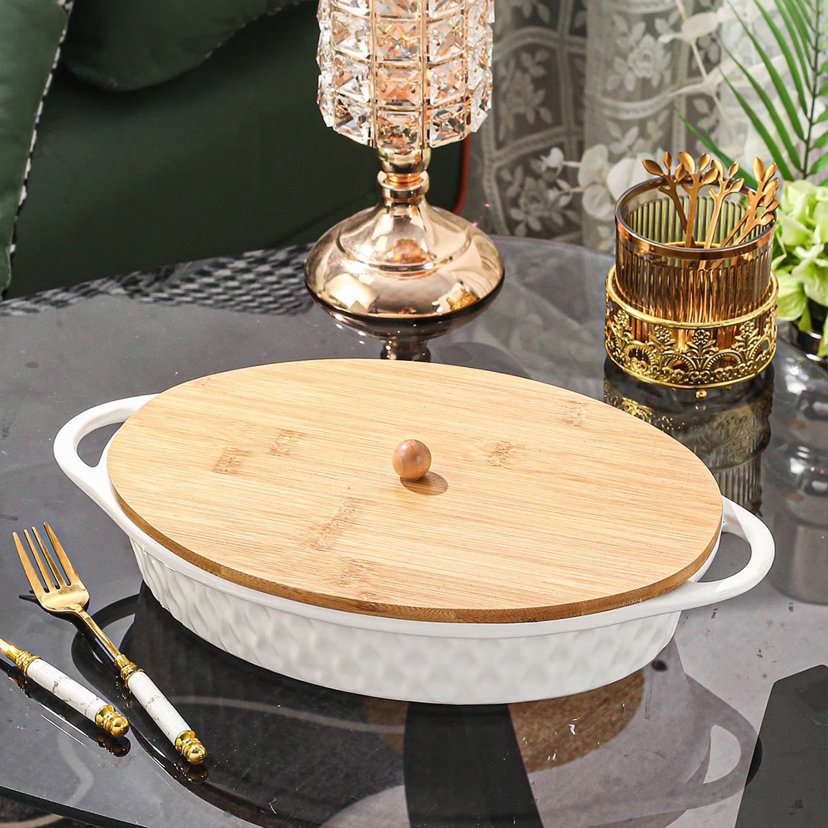 Rectangular Ceramic Casserole Dish with Lid for Baking and Serving