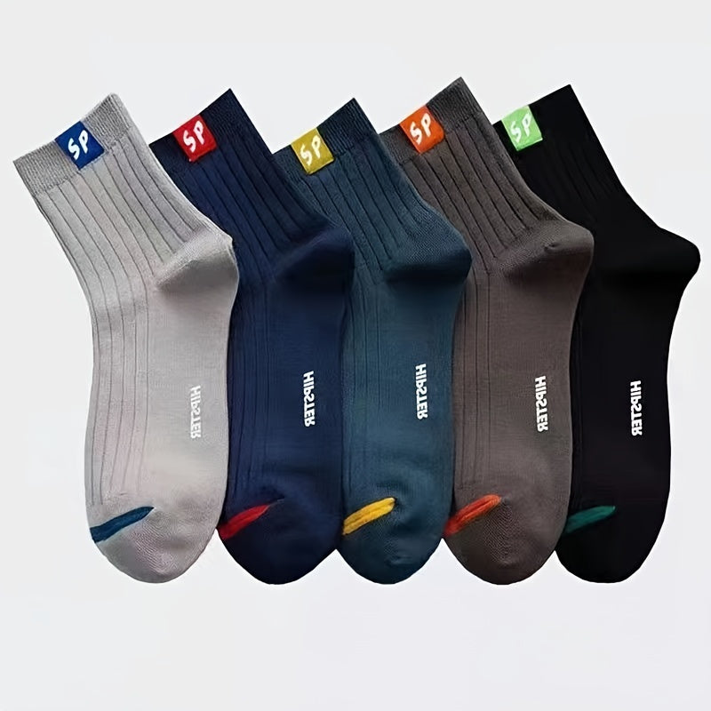Men's Crew Socks Pack of 5 Breathable Comfortable Knit Polyester for Fall Winter Outdoor Activities