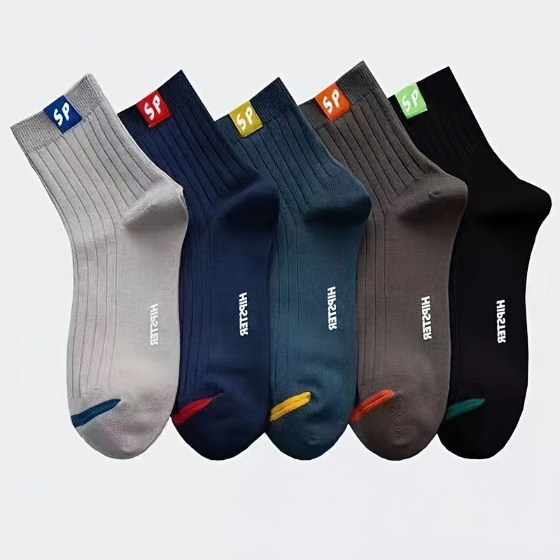 Men's Crew Socks Pack of 5 Breathable Comfortable Knit Polyester for Fall Winter Outdoor Activities