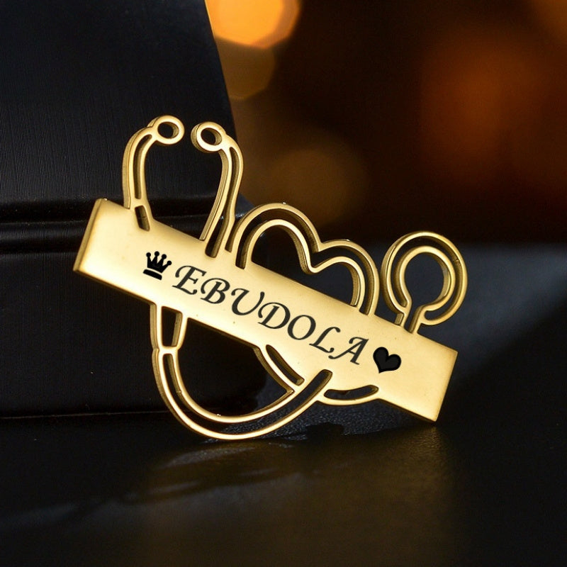Engraved Stainless Steel Stethoscope Brooch with Customization Options for Men and Women