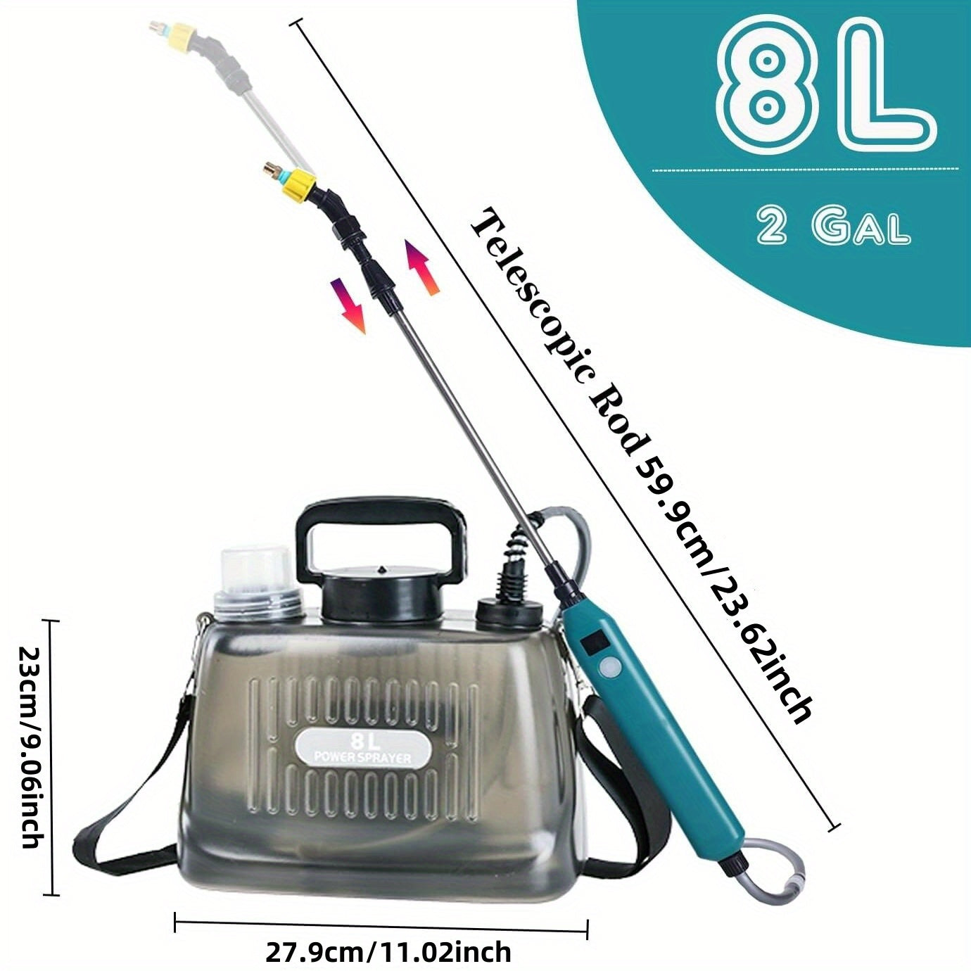 8L Battery-Powered Sprayer with Transparent Tank Telescopic Wand and Adjustable Brass Nozzle