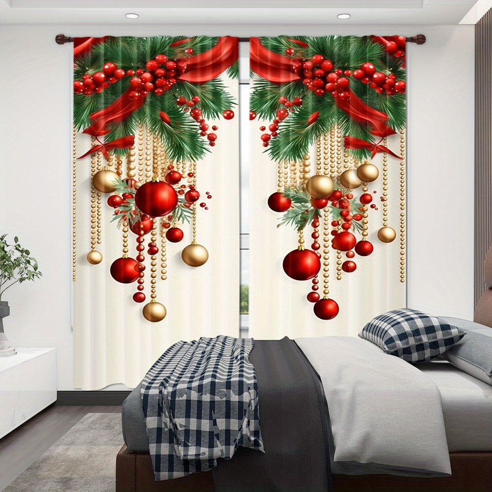 Festive Christmas Curtain Panels Polyester Digital Print Modern Rod Pocket for Holiday Decor