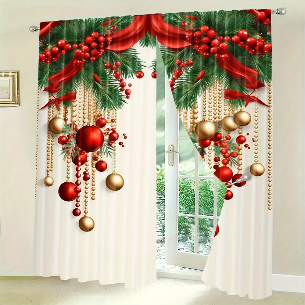 Festive Christmas Curtain Panels Polyester Digital Print Modern Rod Pocket for Holiday Decor