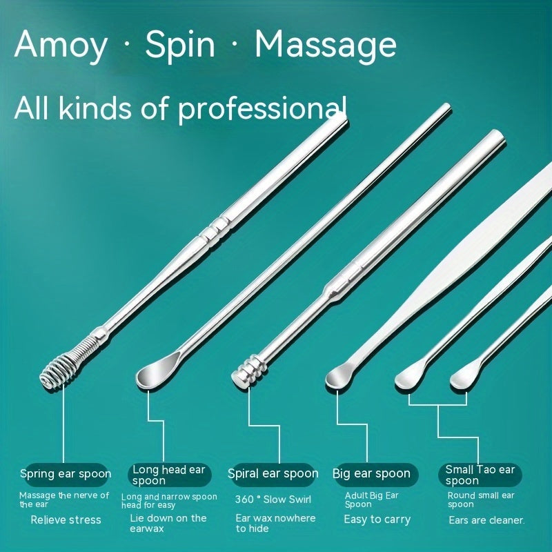 Stainless Steel Ear Picking Spoon Set 6 Pieces Spiral Design Adult Ear Cleaning Tools